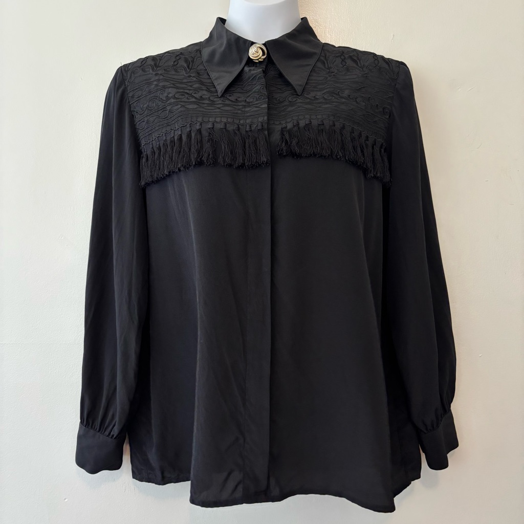 Francesca Of Damon Silk Blouse Black Fringe Embroidered Women Size Medium Large